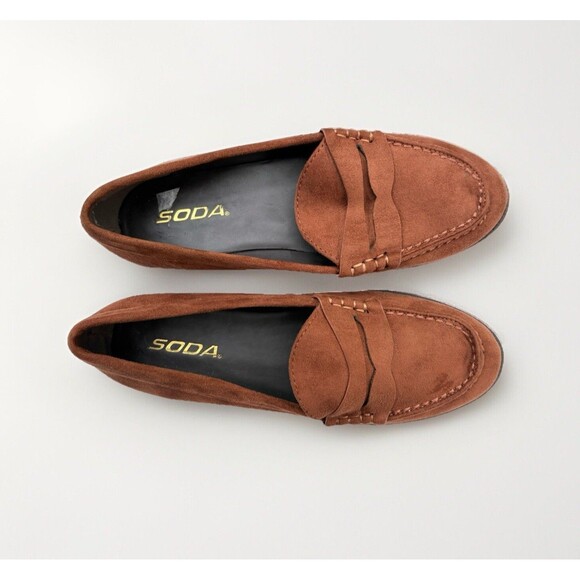 Soda Women’s Shoes Slip On Chunky Mid Heel- size 7 Cognac/ brown  Suede Loafers - Picture 5 of 8